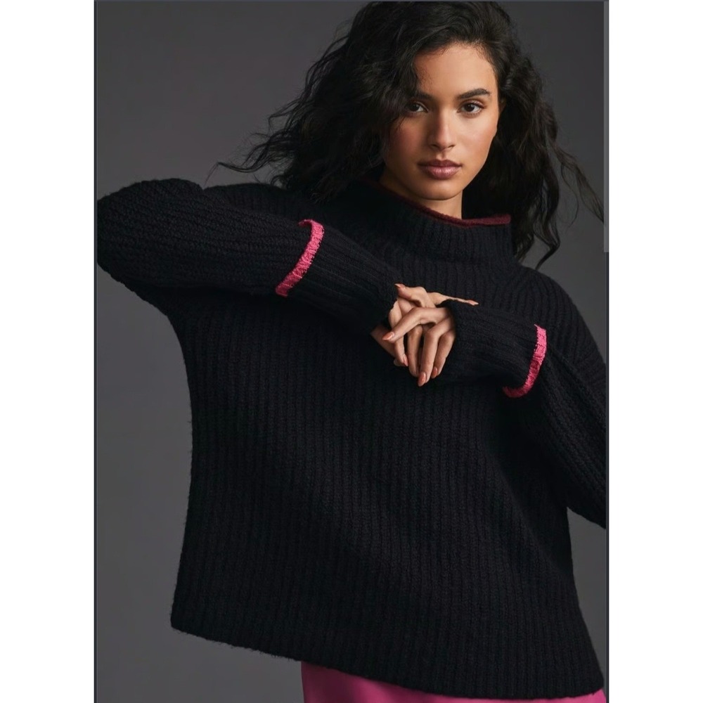 Maeve Anthropologie XS Black Ribbed Mock Neck Pullover Sweater Pink Trim